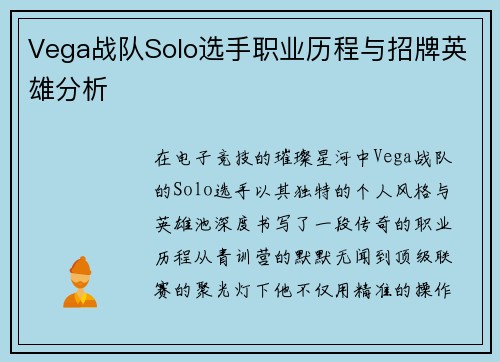 Vega战队Solo选手职业历程与招牌英雄分析