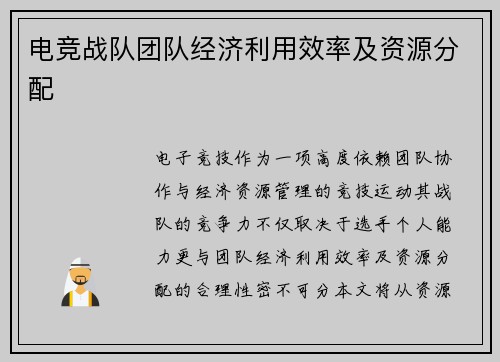 电竞战队团队经济利用效率及资源分配