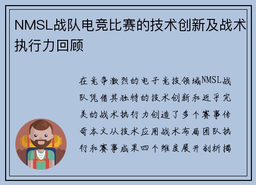 NMSL战队电竞比赛的技术创新及战术执行力回顾