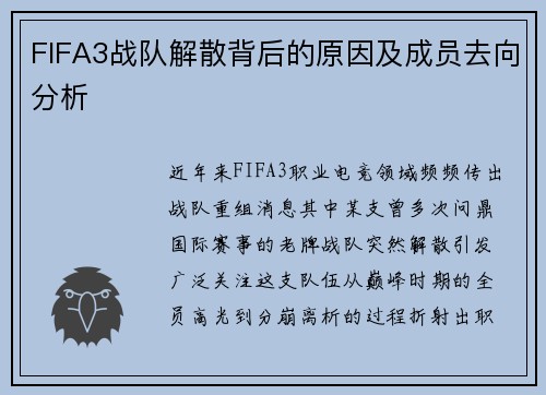 FIFA3战队解散背后的原因及成员去向分析