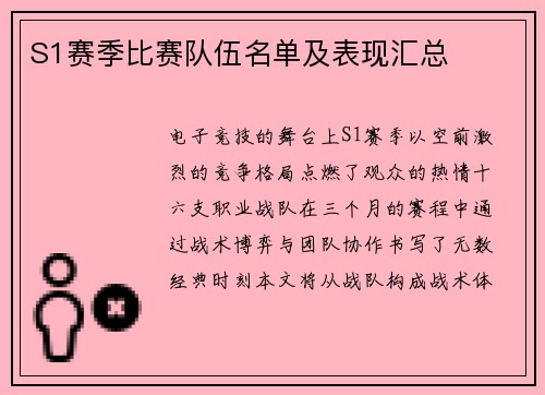 S1赛季比赛队伍名单及表现汇总